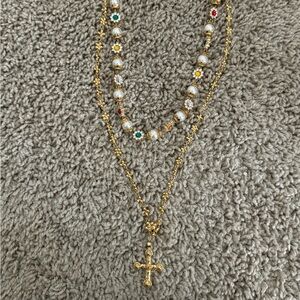 Elegant Gold and multi color Beaded Necklace with Cross Pendant (send offers)